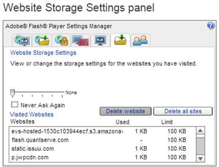 website storage settings panel
