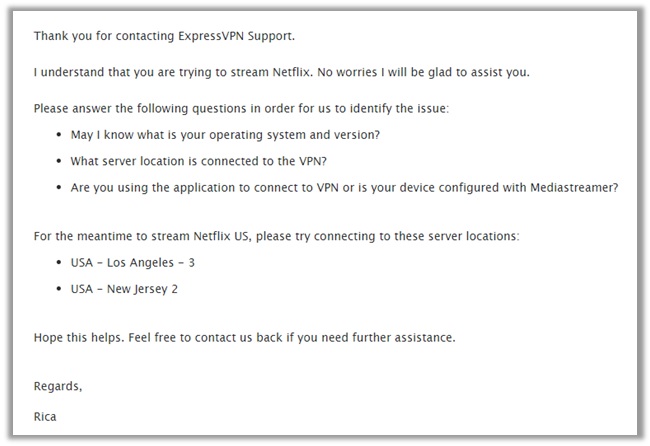 Asking ExpressVPN's Support for Working Netflix Servers
