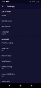 purevpn settings menu in android app