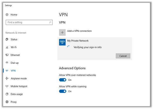 using the VPN connection via PPTP method in windows