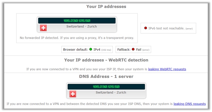 ZenMate VPN IPLeak Test Switzerland