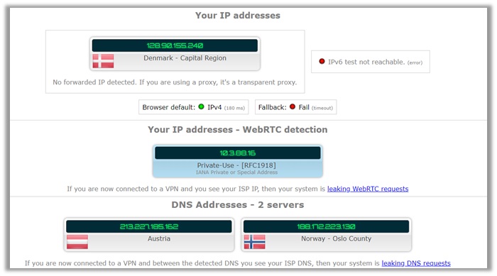 Buffered VPN IPLeak Test Denmark