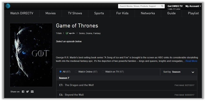 direct tv game of thrones