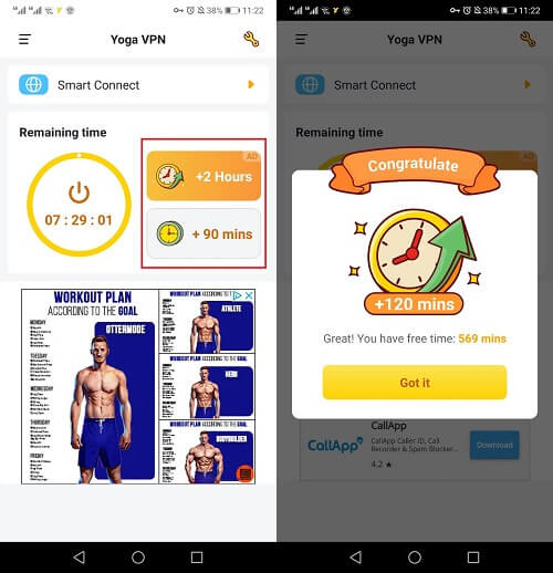 watch Yoga VPN ads to get more minutes