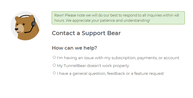 TunnelBear customer support
