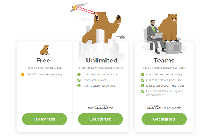 TunnelBear pricing page