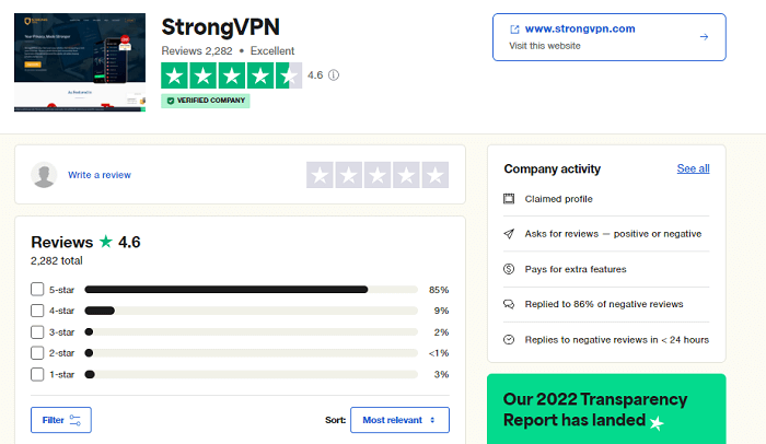 StrongVPN Trustpilot Rating