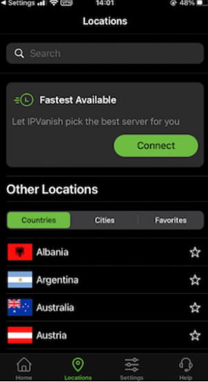 IPVanish iOS interface