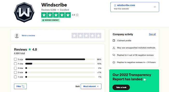 Windscribe Trustpilot rating