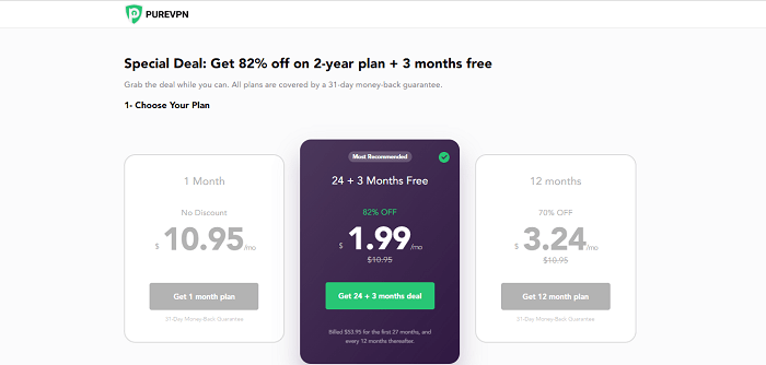 PureVPN pricing page in UK