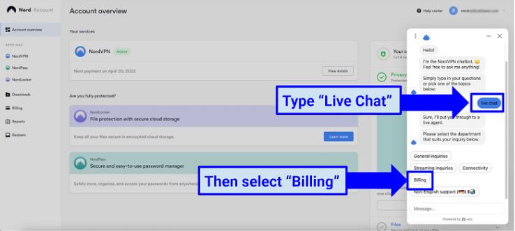 Type "live chat" and then select "billing"