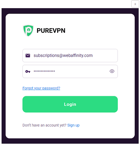PureVPN login interface in UK
