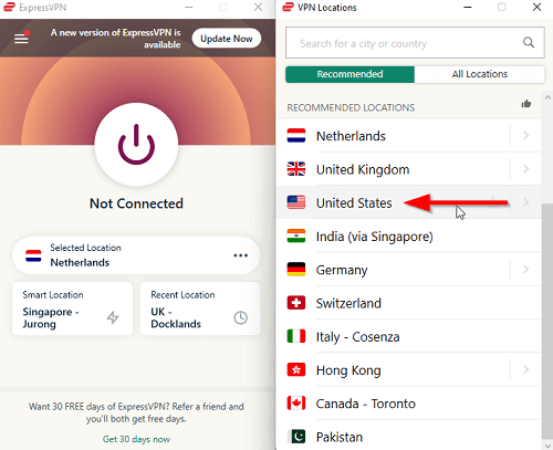 Choose USA server on ExpressVPN app-in-Germany