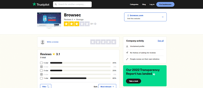 Browsec VPN trustpilot rating