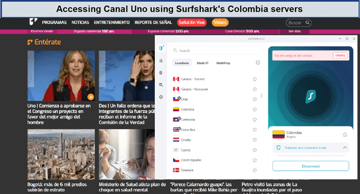 canal-uno-unblocked-with-surfshark-colombia-servers-in-UAE