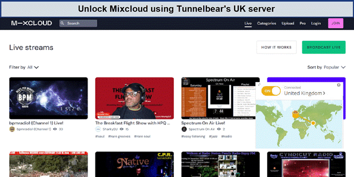 mixcloud-unblocked-using-UK-servers-tunnelbear-in-India